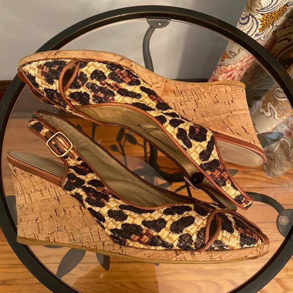 Stuart Weitzman animal print peep toe cork wedge shoes - Picture 8 of 14